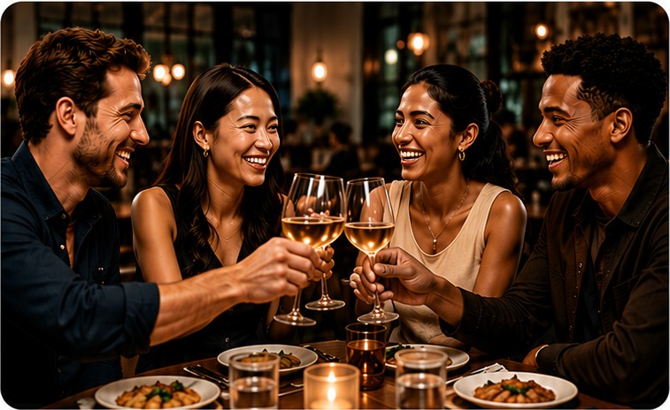 Four friends toasting over dinner